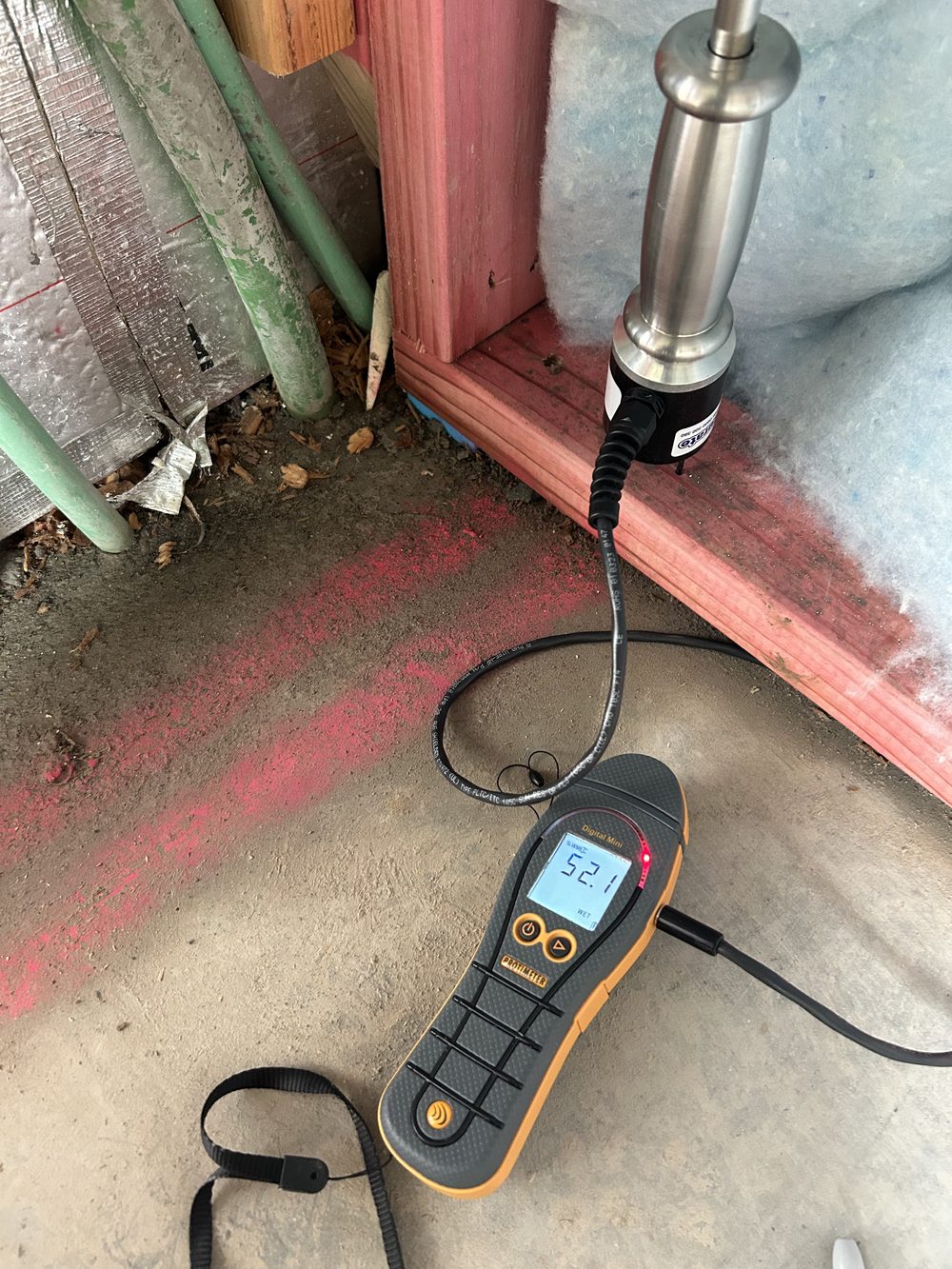 Professional moisture meter testing a building interior
