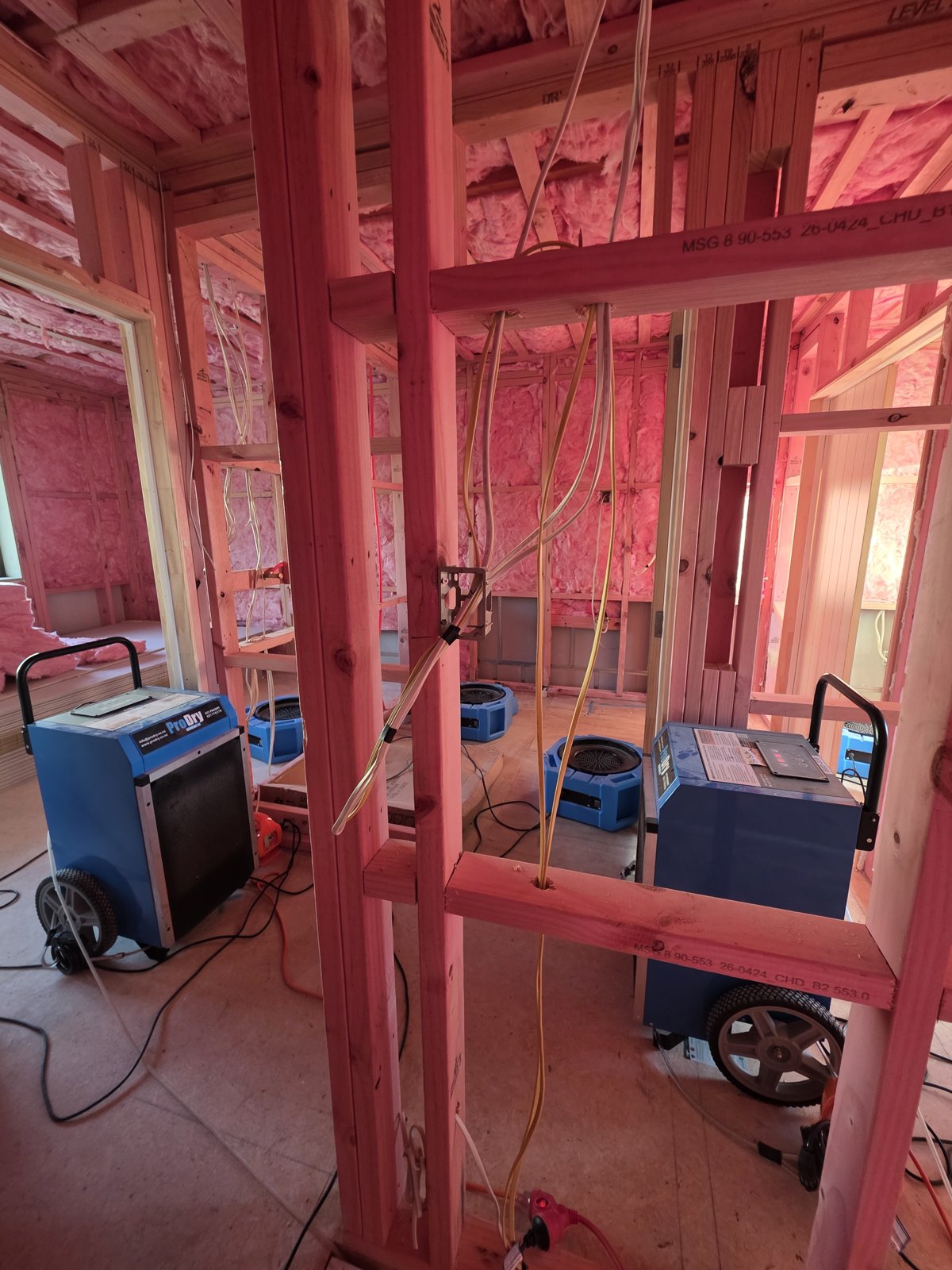 ProDry dehumidifiers and air movers working through new-build wall framing