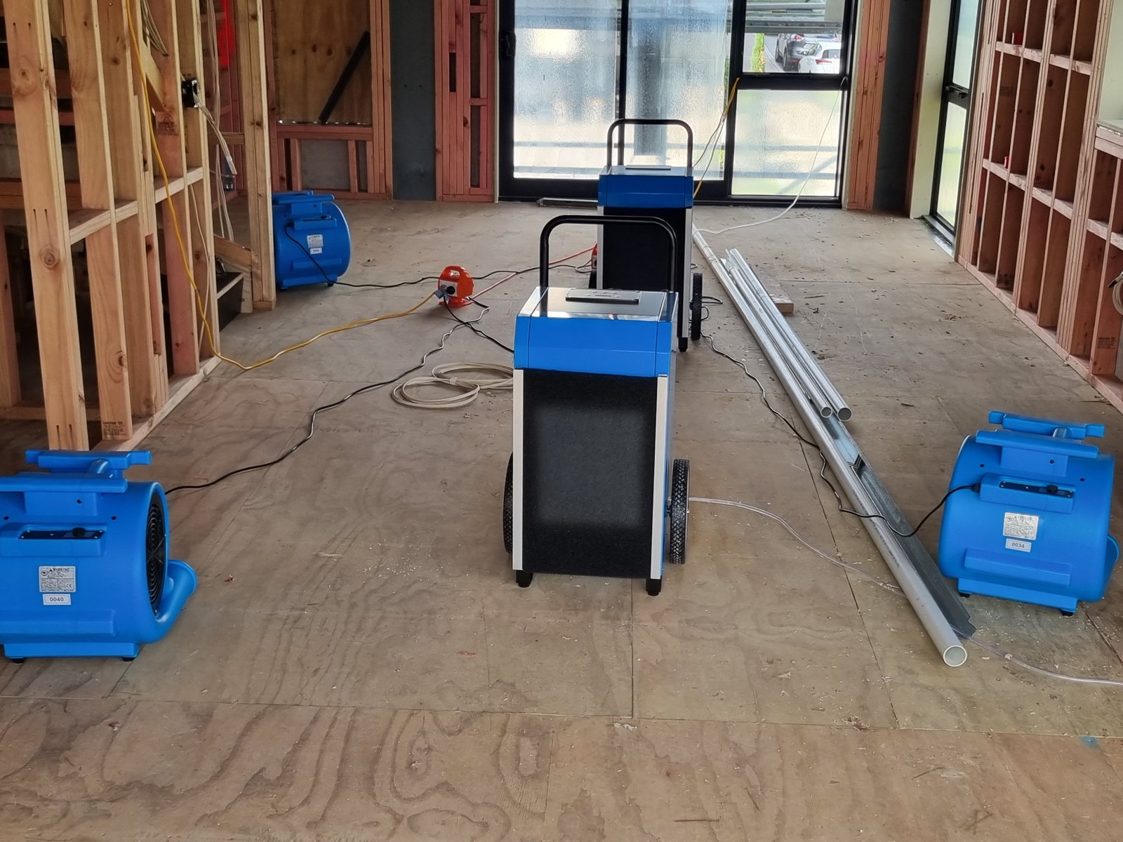 ProDry dehumidifiers and air movers drying a new-build interior